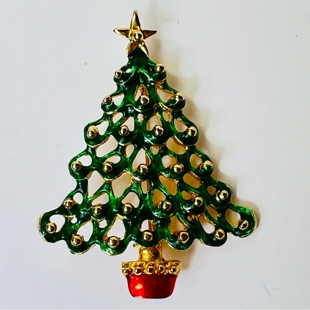 COLORFUL CHRISTMAS TREE BROOCH PIN GOLD